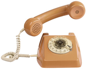 Vintage telephone answering with handset in the air isolated