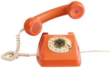 Vintage orange telephone with handset lifted, isolated