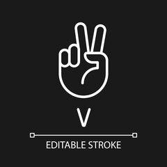 Letter V in ASL system pixel perfect white linear icon for dark theme. Sound visualization by gestures. Thin line illustration. Isolated symbol for night mode. Editable stroke. Arial font used
