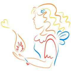 girl with long curly hair holds a flame in her palms