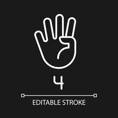 Digit four sign in ASL pixel perfect white linear icon for dark theme. Nonverbal communication performing. Thin line illustration. Isolated symbol for night mode. Editable stroke. Arial font used