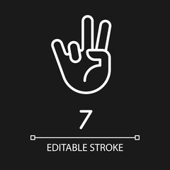 Obraz premium Digit seven sign in ASL pixel perfect white linear icon for dark theme. Number visual modality. Communication. Thin line illustration. Isolated symbol for night mode. Editable stroke. Arial font used