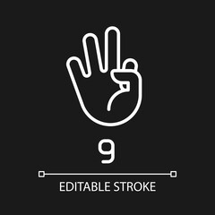 Signing digit nine in ASL pixel perfect white linear icon for dark theme. Non verbal language system. Thin line illustration. Isolated symbol for night mode. Editable stroke. Arial font used