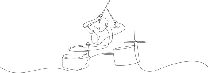 Continuous line drawing of a man playing drum isolated on white background. A drummer person one line art. Vector illustration. - obrazy, fototapety, plakaty