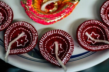 Top view of diya lamps for Diwali