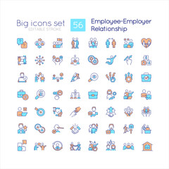 Employee employer relationship RGB color icons set. Interaction with human resources. Isolated vector illustrations. Simple filled line drawings collection. Editable stroke. Quicksand-Light font used