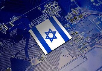 Flag of Israel on CPU operating chipset computer electronic circuit board