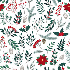 Hand drawn seamless pattern of poinsettia, leaves, branches, berries, holly. Winter floral cozy collection. Christmas decorative illustration for greeting card, wallpaper, wrapping paper, fabric