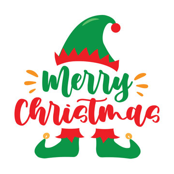 Merry Christmas - handwriting greeting with elf hat and elf shoes.
Good for greeting card, poster, T shirt print, label, and other gifts design.