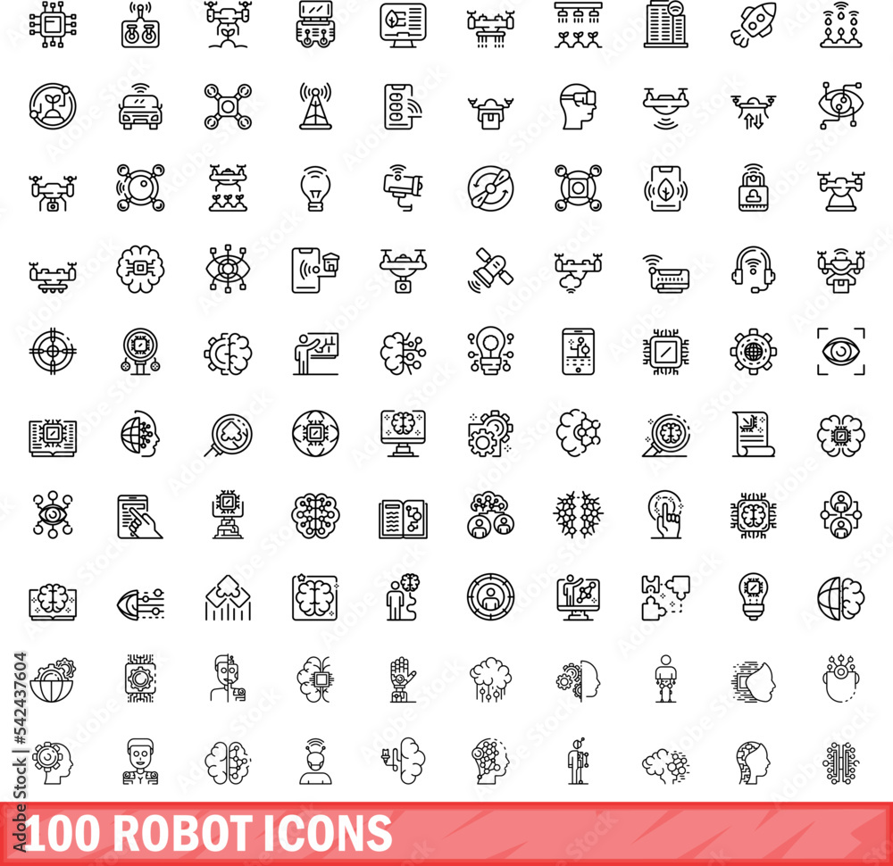 Poster 100 robot icons set. outline illustration of 100 robot icons vector set isolated on white background