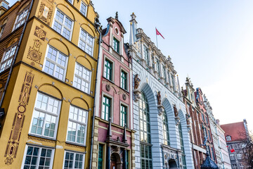 Facades of colorful historical merchant houses in the center of Gdansk, Poland, Europe