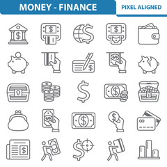 Money icons. Finance, cash, currency vector icon set