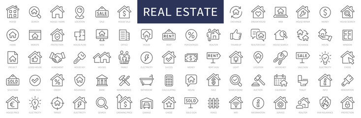 Fototapeta Real Estate thin line icons. Real estate symbols set. House, Home, Realtor, Agent, Plan editable stroke icon. Real estate icons collection. House line icons. Vector illustration obraz