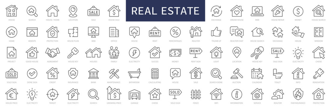 Real Estate thin line icons. Real estate symbols set. House, Home, Realtor, Agent, Plan editable stroke icon. Real estate icons collection. House line icons. Vector illustration