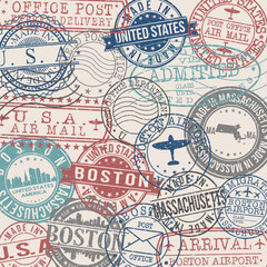 Boston, MA, USA Set of Stamps. Travel Stamp. Made In Product. Design Seals Old Style Insignia.