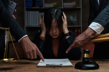 Stressed business woman while sign contract. Law, legal services, advice, Justice concept