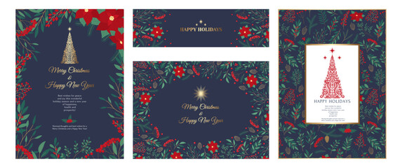 Hand drawn set of Christmas invitation cards with poinsettia, leaves, branches, berries, holly, stars and Christmas tree. Winter floral cozy collection. Holiday vector illustration with copy space