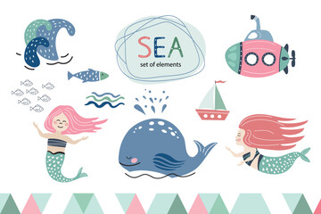 Set of cute cartoon nautical illustrations. Mermaids, submarine,, ship, waves and fish.