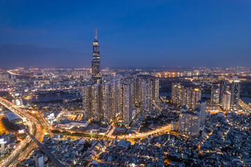 Fototapeta na wymiar image aerial view of Landmark 81 is a super-tall skyscraper currently under construction in Ho Chi Minh City, Vietnam. It is the tallest building in Vietnam