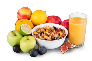 Diet weight loss breakfast concept with tape measure, fruit and cereal