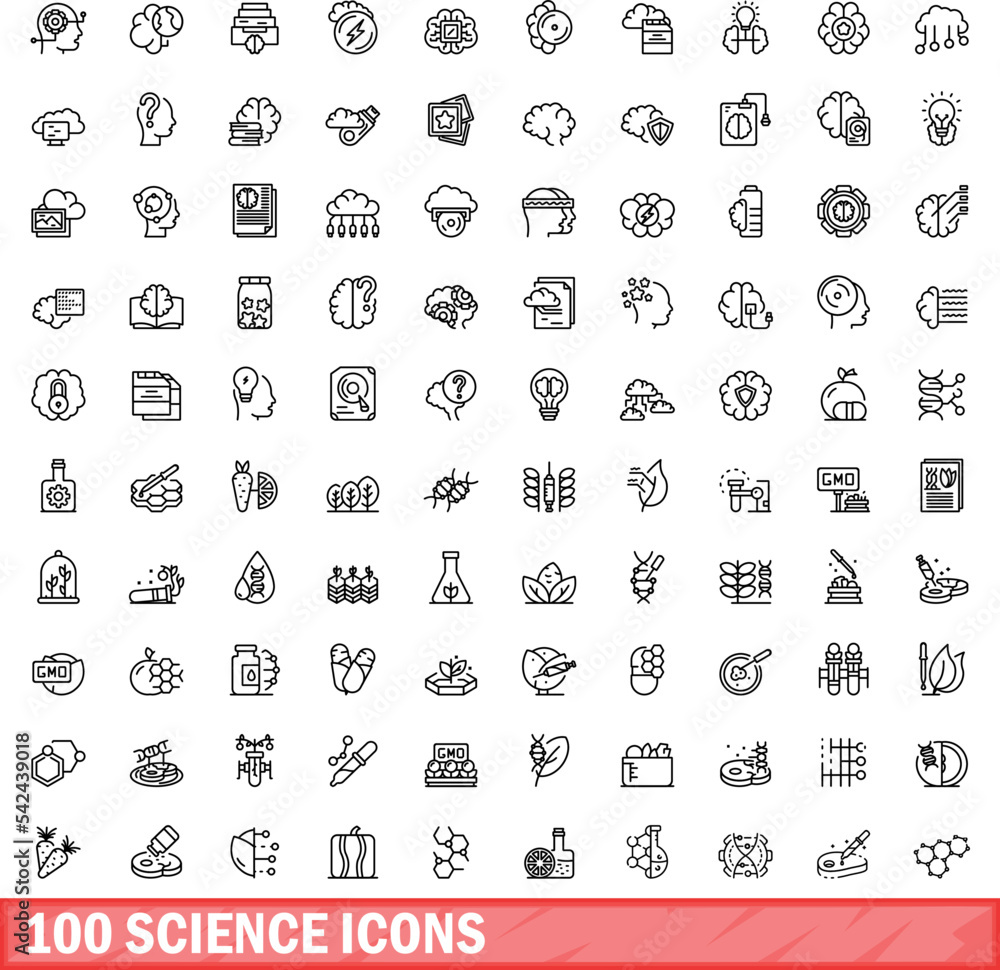 Poster 100 science icons set. outline illustration of 100 science icons vector set isolated on white backgr