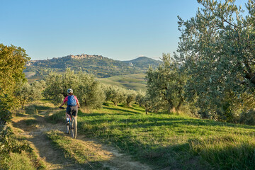 Fototapeta premium nice senior woman riding her electric mountain bike between olive trees in the Ghianti area with medieval city of Montepulciano in background, Tuscany , Italy