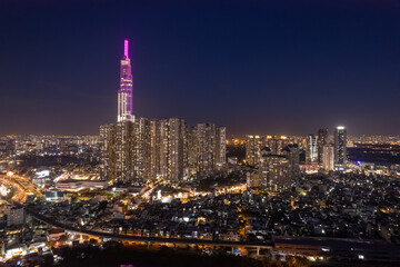 Fototapeta na wymiar image aerial view of Landmark 81 is a super-tall skyscraper currently under construction in Ho Chi Minh City, Vietnam. It is the tallest building in Vietnam