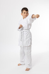 Boy in fighting position in white kimono, isolated on white