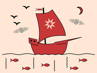 Cartoon old sail ship in sea