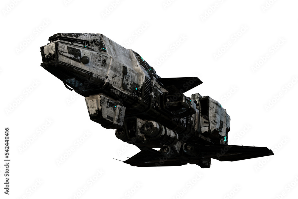 Poster 3D rendering of a dirty old sci-fi space ship isolated on transparent background.and seen from underneath.