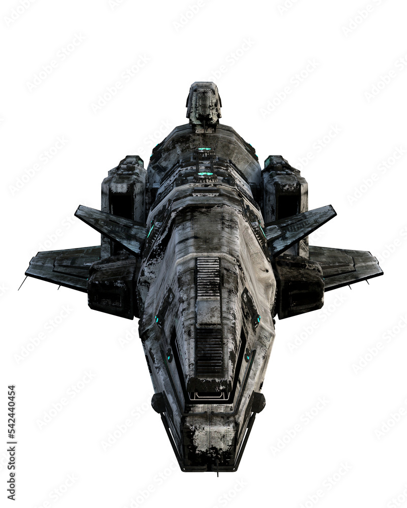 Poster 3D rendering of a dirty old sci-fi space ship isolated on transparent background.viewed from above the front.