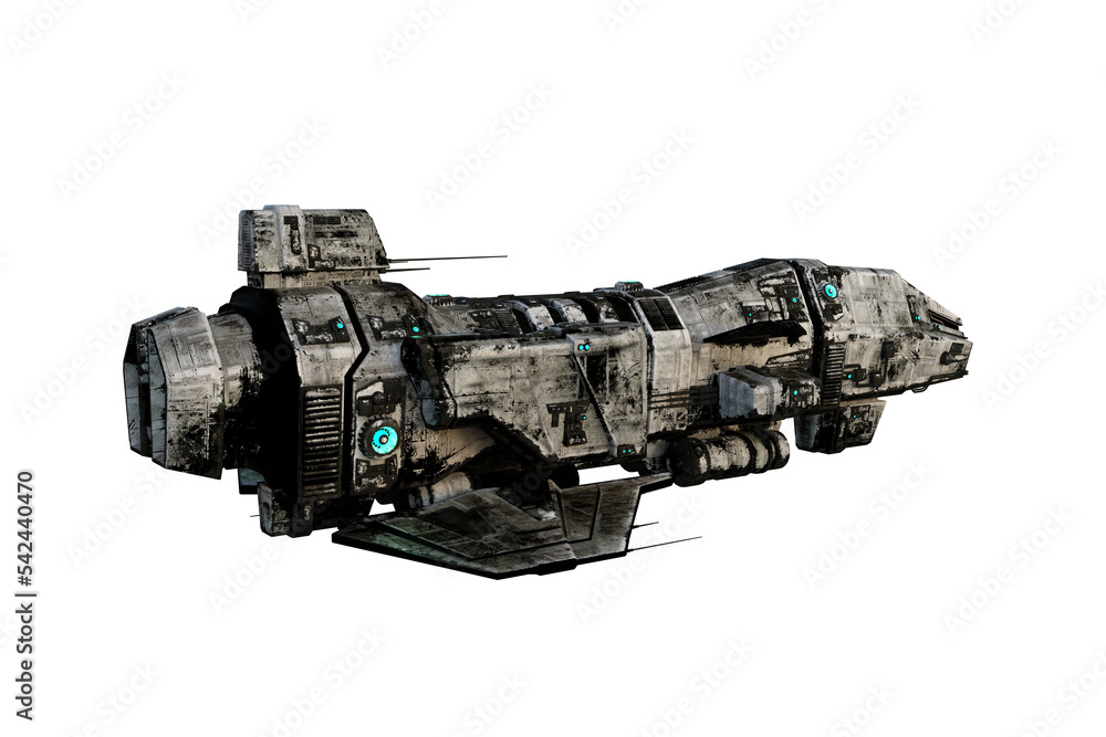 Poster 3D rendering of a dirty old sci-fi space ship isolated on transparent background.with rear side view.