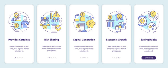 Benefits of insurance coverage onboarding mobile app screen. Walkthrough 5 steps editable graphic instructions with linear concepts. UI, UX, GUI template. Myriad Pro-Bold, Regular fonts used
