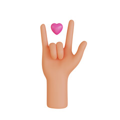 3D illustration of a hand making the I love you gesture with a floating pink heart symbolizing affection and connection