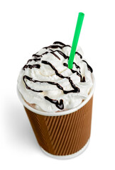 Frappuccino in take away cup with straw on white background