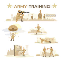 Set of army training illustrations. Soldiers running, jumping, making press-ups, jumping with a parachute, combating, shooting from the rifle. War practice, exercise. Military training in the camp.