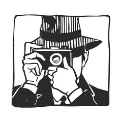 Vector hand-drawn sketch of a man in a hat with a camera pressing a button. Illustration of a noir detective with a secret agent conducting surveillance.