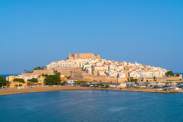 Peniscola Spain castle and sea from playa sur the south beach Castellon province Costa del Azahar 