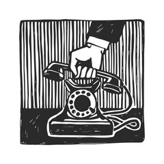 Vector hand-drawn sketch of a hand with a handset in the style of linocut. An illustration of a noir detective with a vintage telephone and spy man.