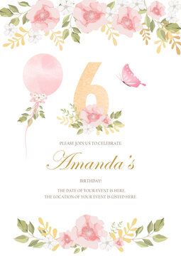 invitation card for the girl's birthday party. Template for baby shower invitation. Six years	