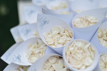 Fairy-tale with blue and white accent flowers theme. Clean white table setting for wedding ceremony...