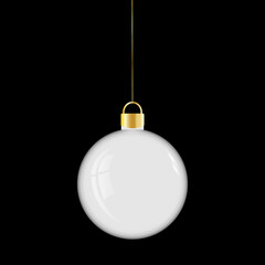 White Christmas tree toy. Ball isolated on black background. Realistic vector illustration. Design element.