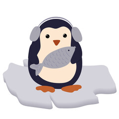 Penguin in headphones and with a fish on an ice floe. Winter clipart.