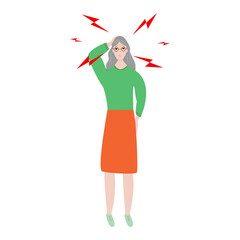 Sad Asian Senior woman having headache or dizziness. Sick girl touching her head. Girl suffering from fever or influenza.Symptom of common cold, infectious disease. Flat cartoon vector.