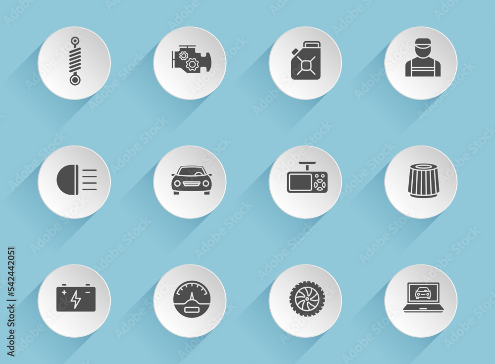Poster car service vector icons on round puffy paper circles with transparent shadows on blue background. c