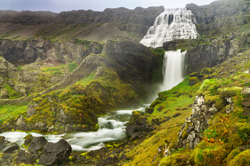 Strompgljufrafoss, one of the 5 waterfalls below Dynjandi waterfall located in Arnarfjordur,...