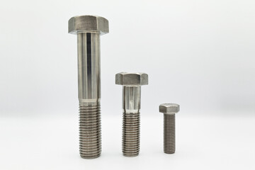Stainless steel metal with metric A4 bolts, industrial metal part, isolated on white background