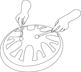 Playing the steel tongue drum with sticks. Continuous line drawing of traditional folk music instrument. Vector illustration.