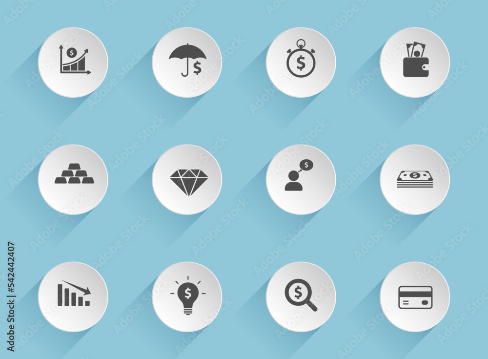 Poster finance vector icons on round puffy paper circles with transparent shadows on blue background. finan