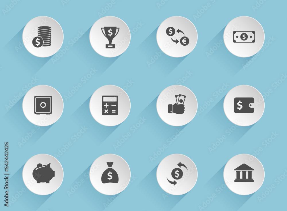 Poster finance vector icons on round puffy paper circles with transparent shadows on blue background. finan